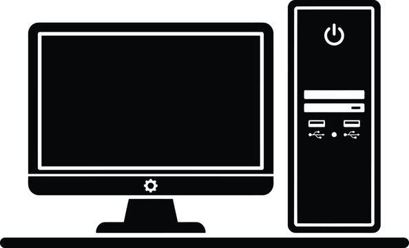 Black and white illustration of a desktop computer monitor and tower setup