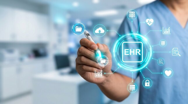 EHR Healthcare Medical Technology Digital Data Patient Records Hospital Technology concept showing a doctor using a digital stylus to manage electronic health record systems efficiently.