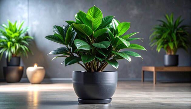 Lush Green Foliage of a Thriving Potted ZZ Plant in a Modern Dark Container