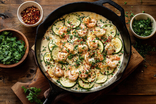Shrimp and zucchini are simmered in a creamy sauce with herbs and spices in a cast iron skillet on a wooden table with olive oil and spices nearby