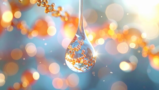 Microscopic peptide chain structure within a transparent liquid droplet, scientific research and development concept