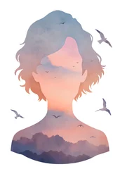 Double exposure of a girl with clouds and birds in the background during sunset © Mari Dein