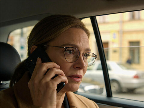 Portr&auml;t einer Frau mittleren Alters am Smartphone im Auto &ndash; urbaner Lifestyle und Business