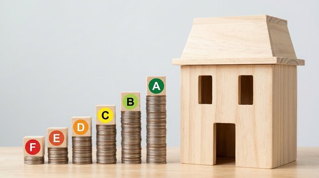energy efficiency, real estate, house, investment, savings, sustainability, economy concept with stacked coins and energy rating blocks for ecofriendly housing and financial value.