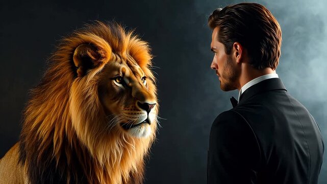 Man in suit and lion facing each other