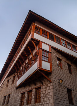 Streets and houses of traditional architecture in the mountain tourist village of Metsovo in the mountains of Epirus in Greece