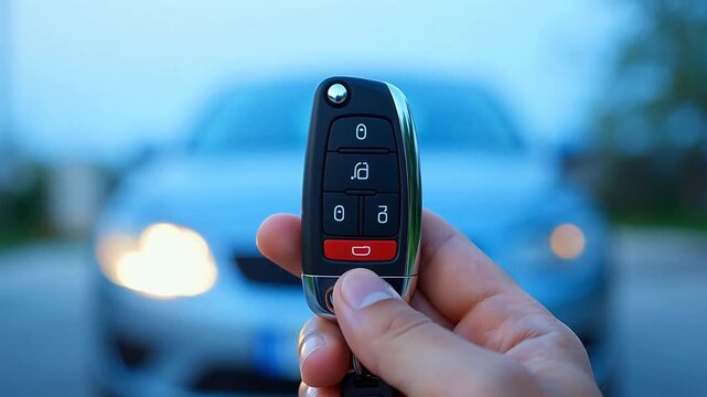 Hand holding car key fob with vehicle in background