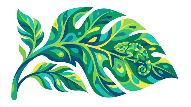 A stylized illustration of a green chameleon resting on a large, vibrant monstera leaf with intricate patterns.