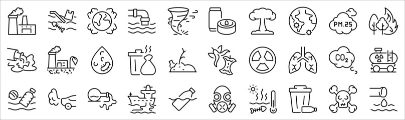 Fototapeta premium Pollution and environmental issues line icons set. Collection includes air, water, and soil pollution, plastic waste, recycling, climate change, global warming, and environmental protection symbols. P