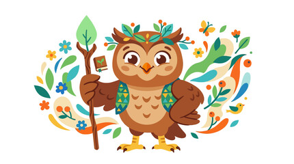 Naklejka premium Cute cartoon owl character with a leaf crown and staff, surrounded by vibrant nature elements like flowers, leaves, and berries, symbolizing wisdom and nature.