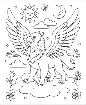  Gryphon coloring page features a mythical bird on a cloud with sun and moon