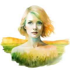 Double exposure portrait of a girl with fields and sunset in background showcasing nature and self-reflection © Mari Dein