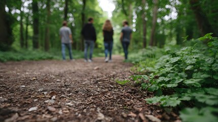 Fototapeta premium Four friends walk along a dirt path in a serene sun d d forest viewed from a low angle perspective