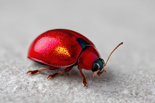Red ladybug macro close up on light textured surface with soft background