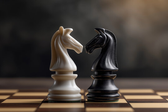 Chess knights facing each other on board symbolizing strategy competition conflict and decision making concept