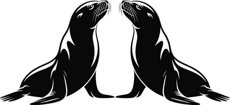 Two Sea Lion Silhouettes Facing Each Other, Marine Wildlife Vector Illustration, Elegant Ocean Mammal Design with Symmetrical Composition Isolated on Light Background