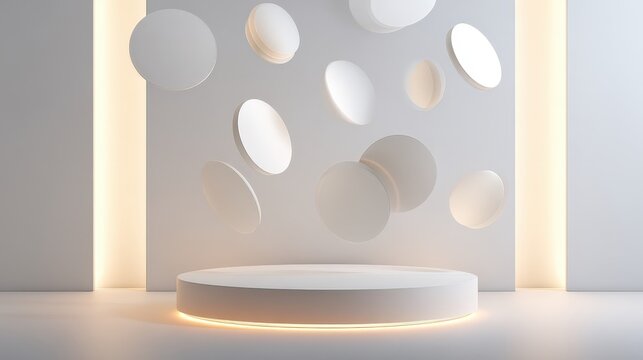 Minimalist White Stage With Floating Discs And Warm Uplighting