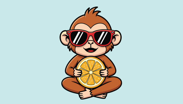 A cartoon monkey wearing sunglasses and holding a slice of orange fruit