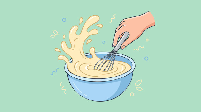 A hand vigorously whisking a creamy mixture in a blue bowl, creating a dynamic splash, set against a soft green background.