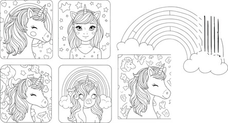 Unicorn coloring pages collection with rainbow and portraits minimal line art cartoon vector illustration set