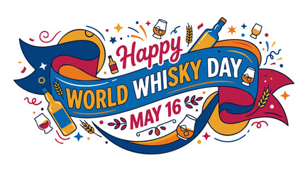 Fototapeta premium Happy World Whisky Day May 16 festive banner illustration with bottles, glasses, wheat, and confetti on a white background.
