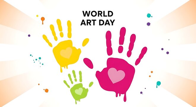 Vibrant handprints celebrating world art day with colorful paint splatters
