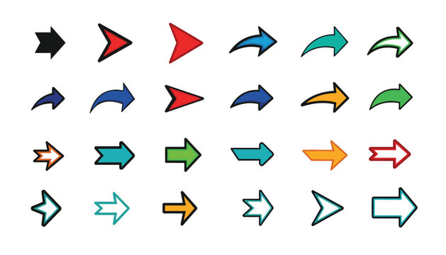 A collection of 20 different arrow icons in various colors and styles for navigation and direction