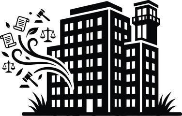 Fototapeta premium Modern courthouse building illustration with symbols of justice and law