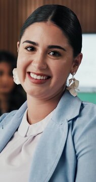Face, pride and business woman in meeting for finance, actuary and corporate manager at work. Portrait, happy professional and employee with team, career opportunity and risk management in office