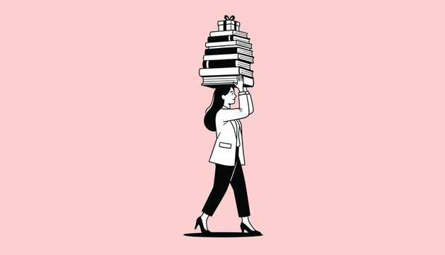 Woman carrying a large stack of books and a gift on her head