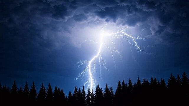 Lightning strike over forest at night