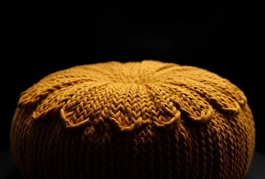 Knitted mustard yellow pouf ottoman with decorative scalloped edge on black background. Cozy home furniture.