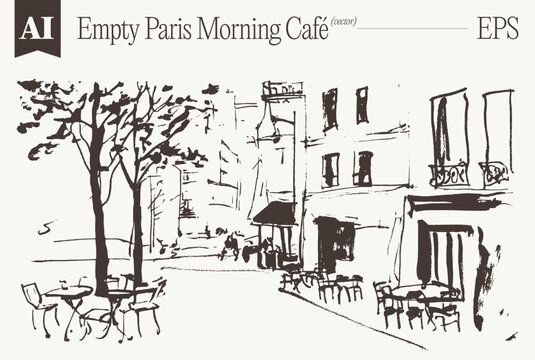 Empty Paris Morning Caf&eacute; Bare Trees Sketch Vector Art