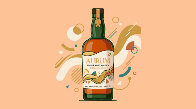 An illustration of a bottle of Aurum Single Malt Whiskey with a green cap and a cream label, set against a peach background with abstract geometric and organic shapes.