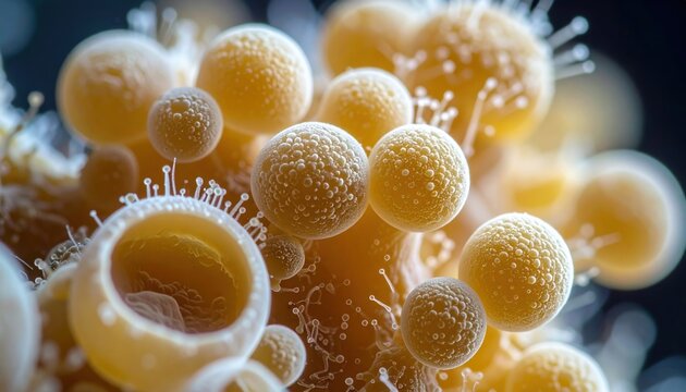 Microscopic view of budding yeast cells undergoing colony growth in a vibrant biological culture