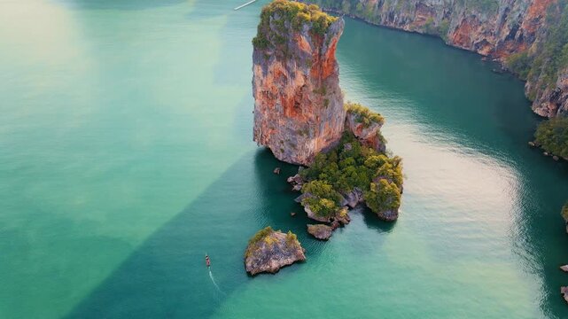 Boat Migrates Around Small Island. Boat Approaches And Circles Miniature Island With Glowing Wake