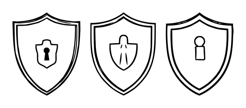 Shield security protection icon set with abstract geometric shapes featuring cyber security, data privacy, internet safety with digital protection and personal information