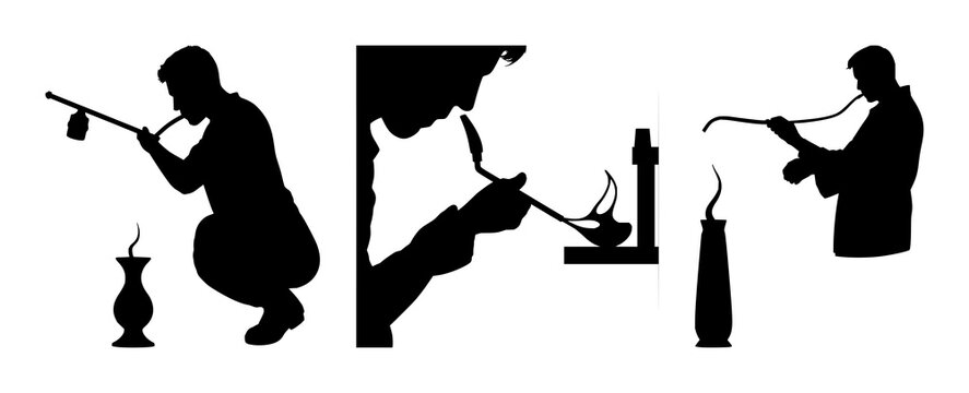 Glassblower silhouette set with solid black outline and blowpipe shaping molten glass featuring glassblowing, artisan work, molten glass with fire and furnace
