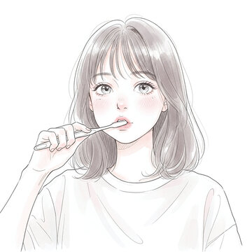 水彩イラスト｜歯磨き・ミディアムヘア・外ハネ・清楚・透明感