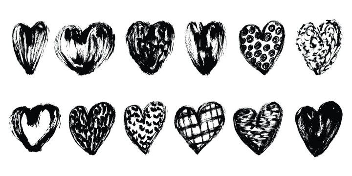 Grunge Distressed Heart Shapes Set. Rough paint brush hearts collection. Artistic ink smear heart icons. Vector textured hearts symbols.