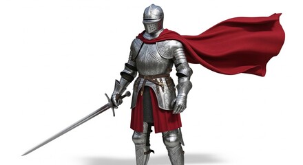 Obraz premium An ancient medieval warrior statue of a knight in metal armor wielding a 3d sword as a futuristic science fiction cyborg soldier illustration
