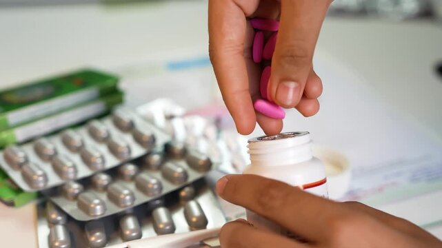 Close-up of hands opening a medicine bottle with blister packs and pills on a desk, suggesting medication use, pharmacy, and healthcare at home.