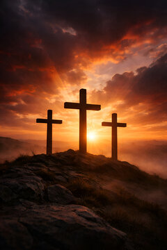 Christian Cross Silhouette Against Dramatic Red Sky &ndash; Good Friday Background