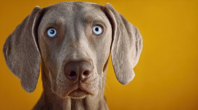 Weimaraner joven en pose frontal, pelaje plateado y ojos azules, fondo minimalista