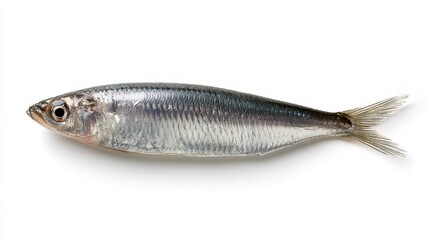 Fototapeta premium Whole fresh anchovy on a pristine white backdrop, close-up study of a single seafood specimen