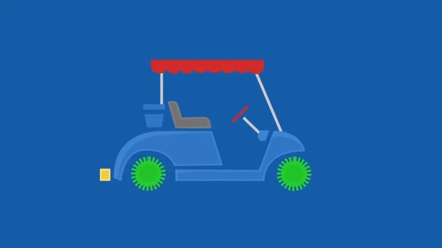 Animated blue golf cart with red roof moving on blue background loop video clip