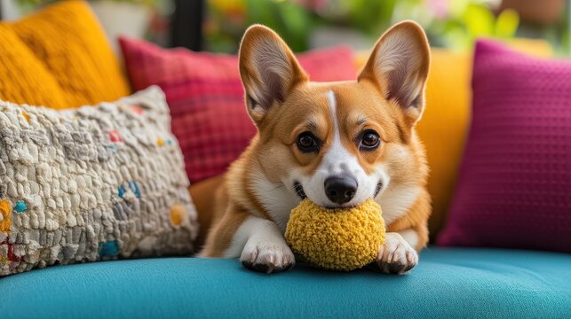 Playful Corgi Dog with Yellow Ball Toy on Blue Couch
