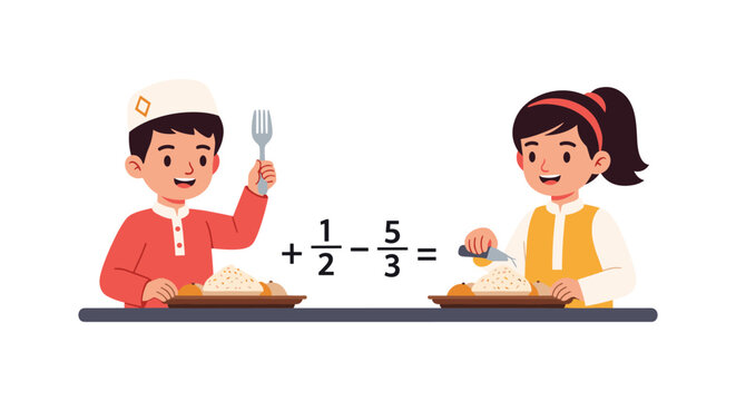 kids eating at table with math problem, cartoon children