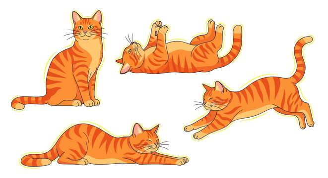 Four Adorable Orange Tabby Cats in Various Poses, Cute Pet Illustrations