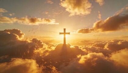 Fototapeta premium Silhouetting Christian cross perching atop cloud bank at sunrise, sun behind cross radiating rays